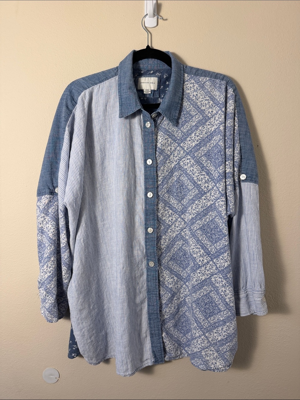 American Eagle Floral Linen Blend Patchwork Button Down Oversized Shirt Sz M